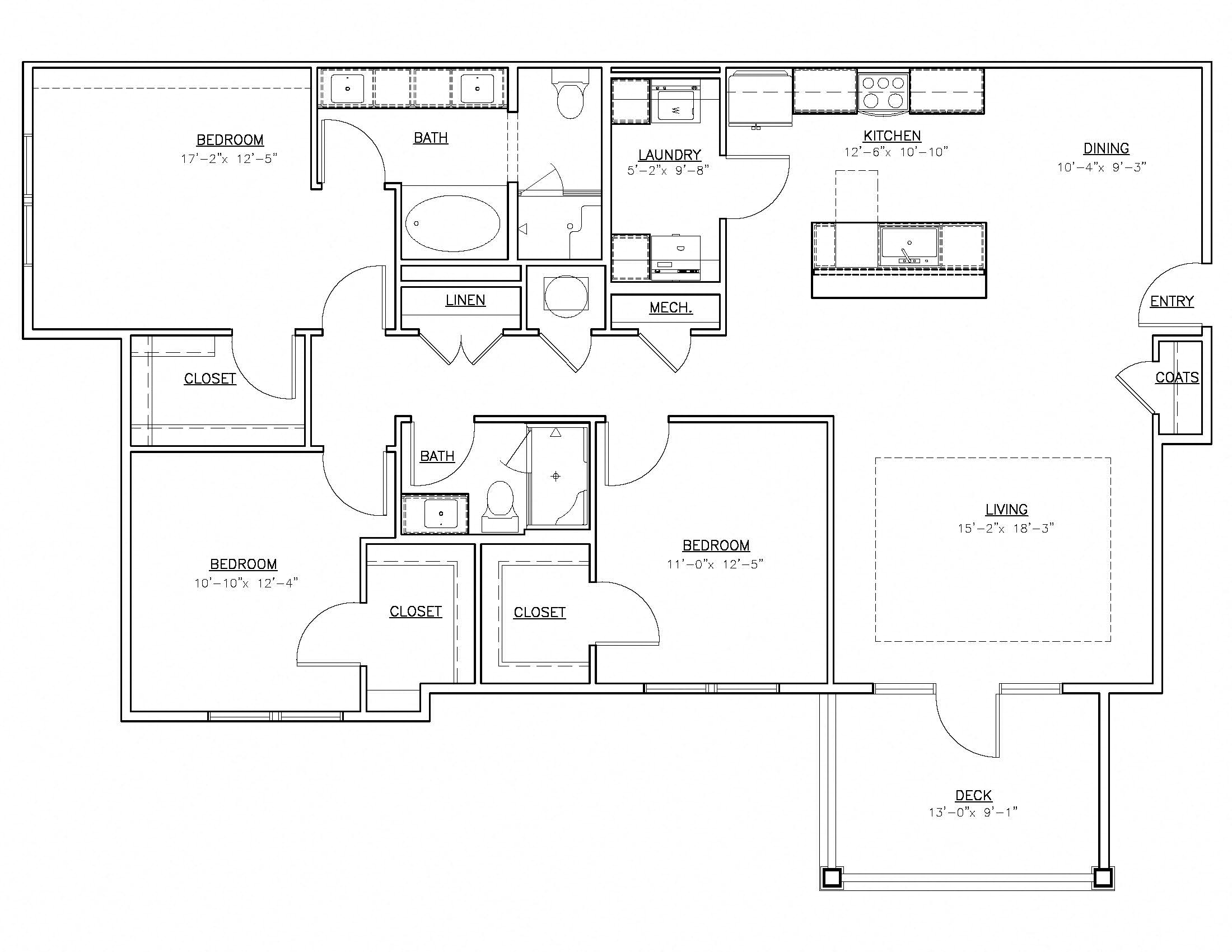 Floor plan for 3 beds, 2 baths, 1624 sqft